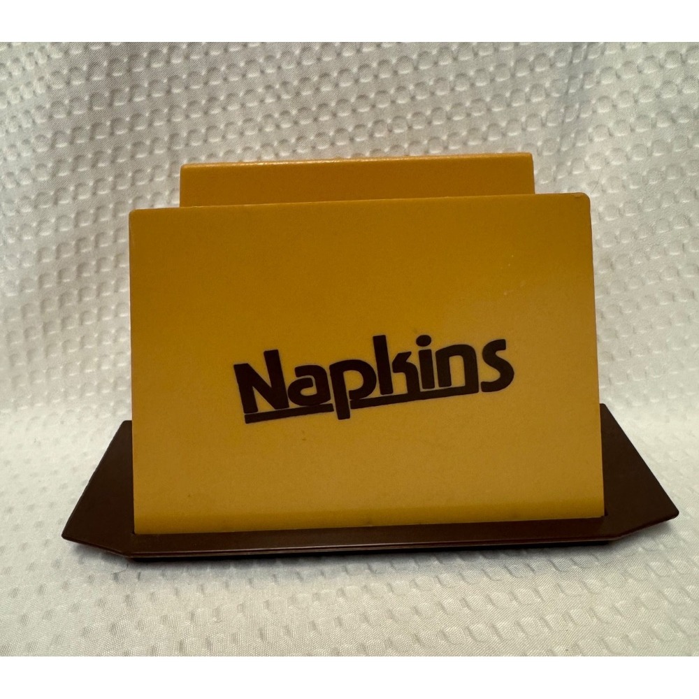 Vintage GOLD/BROWN Plastic Napkin Holder Retro Logo NAPKINS Dawn Garfield NJ